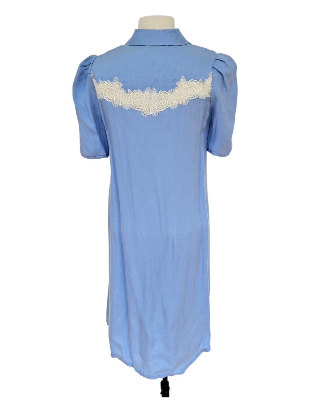 SANDRO PARIS Lace-Inset Down Duster Dress Sky Blue Sz FR 34 XS - Picture 5 of 10